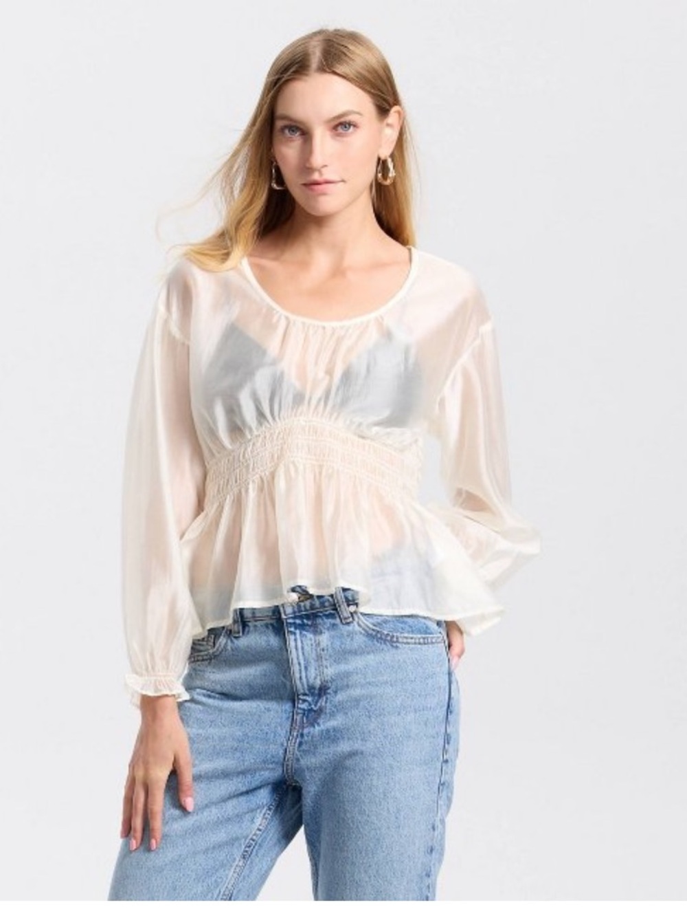 Sheer Cream Smocked Waist Blouse - Women